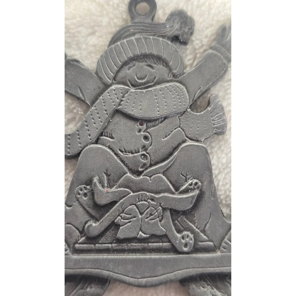 Vintage Pewter Christmas Ornament Child and Dog Sledding Winter Holiday Decor